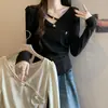Talla Grande para Mujer Estilo Otoño MM Gordita Favorecedora Camiseta de Manga Larga Irregular con Hombro Recto Top Reductor de Cintura y Adelgazante Capa Base Chic