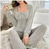 Estilos Mais Vendidos na Amazon Europeia e Americana Cruzamento de Fronteiras Conjunto Longo de Pijama Outono e Inverno Gola U Costela Escovada Confortável Roupa de Casa