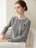 Cardigan de Tricô 100% Caxemira Feminino Novo Outono 2026 Gola Redonda Botões Bordado Quente Solto