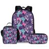 Mochila Escolar Primaria y Secundaria Mariposa Tres Piezas Impresión DIY Mochila Infantil Correa para el Hombro Bolsa para Comida Bolsa para Papelería