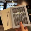 Garfos de fruta em aço inoxidável para uso doméstico, garfos de sobremesa criativos de dois dentes, garfos para bolos lunares, garfos de fruta, conjunto de 6 peças