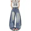 Design único, jeans bordado com estrela de cinco pontas, unissex, nova coleção primavera/outono, perna curva, casual, modelagem solta, calça longa de perna larga