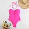 Nuevo Traje de Baño Enterizo de Comercio Exterior para Mujer, Adelgazante, Cubre la Piel, Bikini de Cuello Halter, Color Sólido, Simple Amazon Transfronterizo