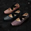 Sapatilhas de Pele de Ovelha para Mulheres, Sapatos Baixos de Salto Médio Espesso, Novo Estilo Outono e Inverno, Sapatos Baixos de Couro Genuíno com Biqueira Quadrada e Tiras Cruzadas para Mulheres, Sapatos Baixos para Mulheres