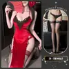 Lingerie Sexy para Mulheres, Cheongsam de Veludo, Costas Nuas Sexy com Fenda Alta, Camisola de Renda Pura Desejo, Uniforme Tentador Cor de Rosa Sem Tirar