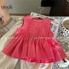 Traje de verano para niña color lima, nuevo y moderno, color rojo sólido, chaleco, pantalones anchos color albaricoque para niñas pequeñas, traje Ins Trendy
