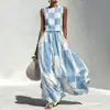 Llegada de verano 2026 estilo europeo y americano, vestido largo sin mangas de retazos a cuadros blancos y negros, elegante vestido estilo vacacional