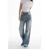 Jeans de Mezclilla Lavada Azul Retro Nostálgico para Mujer, Tendencia Verano 2025 Nuevo Estilo, Pierna Recta, Ligeramente Acampanados, Pierna Ancha, Pantalones Largos hasta el Suelo
