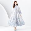 Sudeste Asiático Exportação Atacado Primavera e Verão Palácio Estilo Gola Alta Mangas Sino Barra Única Estampado Longo Renda Vestido