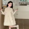 Conjunto de Vestido Chaleco de Lana con Lazo Nuevo Otoño/Invierno para Niñas, Conjunto de Dos Piezas de Vestido de Encaje Espeso de Invierno para Niños