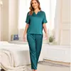 Conjunto de Pijama Casual para Mujer de Amazon Transfronterizo Moda Cuello en V Seda de Imitación Color Sólido Ropa para el Hogar Conjunto de Dos Piezas