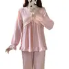 Pijama para Mujer para Primavera y Otoño con Almohadillas en el Pecho, Cárdigan de Encaje, Mangas Largas, Ropa de Casa Dulce y Casual de Corte Holgado que se Puede Usar Afuera