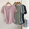 Camiseta plisada de manga corta con cuello en V ajustada para mujer, estilo fino de verano, look puro y sexy, top adelgazante, blusa estilo coreano