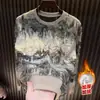Sudadera de Invierno Nueva con Estampado de Letras de Manga Larga para Hombre, Lujo Ligero de Moda Cielo Estrellado Desgastada Forrada de Polar Cuello Redondo Top Casual