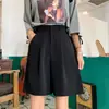 Shorts de terno preto feminino verão fino solto casual perna larga cintura alta perna reta linha A modelador 5 cinco pontos calças comprimento médio