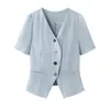 00AA-4083 Conjunto Azul de Dos Piezas Verano 2026 Nuevo Estilo de Oficina Blazer de Manga Corta Camisa Pantalones Rectos Casuales