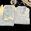 Pijama cálido engrosado con volantes para mujer, temporada de otoño e invierno, cárdigan, color liso, suave y esponjoso, ropa de casa con terciopelo, se puede usar afuera