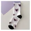 Calcetines finos de verano para mujer hasta la pantorrilla, calcetines largos versátiles de estilo coreano con estampado de corazones morados para combinar con vestidos
