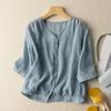 Blusa de Algodão com Manga Três Quartos, Camisa Fina e Respirável para o Outono, Estilo Vintage para Primavera e Verão, Blusa Curta com Decote V Plus Size