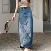 Saia Jeans Retro com Fenda para Mulheres, Novo Estilo Primavera e Verão, Cintura Alta, Solta, Emagrecedora, Casual, Evasê, Justa ao Corpo, Comprimento Médio