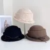 Sombrero de ala de lana elegante con correa fina y lazo para mujer, Temperamento invernal, Sombrero tipo cubo elegante, Sombrero de pescador cálido y a prueba de frío