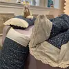 Conjunto de quatro peças em gaze plissada estilo princesa, algodão puro lavado com acabamento em renda, imitação de algodão ultrassuave para dormir sem roupa, conjunto de três peças para estudantes