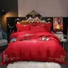 100S Novo Estilo Chinês Grande Bordado Vermelho Roupa de Cama de Casamento Conjunto de Quatro Peças 100% Algodão Conjunto de Presente para Recém-Casados