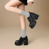 Sapatos de Couro Femininos com Cadarço de Renda Salto Alto Estilo Retrô Britânico Novos Sapatos da Moda Salto Grosso Sola Grossa