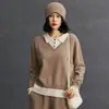 Suéter de Cachemira Suelto Versátil para Mujer Otoño e Invierno Nuevo Base Cuello Polo Moda de Dos Piezas Falsas Simple Casual