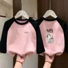 Ropa interior térmica para niñas Otoño/Invierno Nueva Camiseta de manga larga con retazos de forro polar y cuello redondo para niños medianos/grandes Ropa interior cálida Top cepillado
