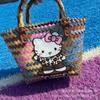 Bolso de Mano Tipo Cesta de Bambú Tejido Multicolor con Rayas de Perro Dachshund Vintage - Bolso Tote Cuadrado Pequeño para Viajes