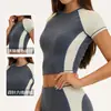 Camiseta de Amazon transfronteriza con bloques de color, mangas raglán, cuello redondo, manga corta deportiva, para correr al aire libre, fitness, yoga para mujer 2567