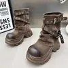 Botas de Caña Corta para Mujer Cuero Envejecido Hebilla Estilo Western Tacón de Bloque Suela Gruesa Botas Pantalón Marrón Desgastado Tacón Grueso Personalizado Desierto Mujer