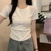 Foto Real 2025 Verão Novo Estilo Coreano Slim Pregueado Espinha de Peixe Slim Design Versátil Manga Curta Camiseta Top para Mulheres