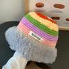 Sombrero de pescador de felpa de punto de color japonés para mujer, sombrero de otoño e invierno 2024, cálido, combinable con todo, a prueba de frío, con protección para las orejas, sombrero tipo cubo