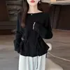 Nueva camisa base de punto para mujer de lana 100% pura con cuello de una línea, estilo único de moda, suéter de punto de manga larga