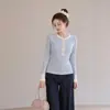 Camiseta Listrada de Manga Longa com Meio Zíper Estilo BF High Street Americana para Mulheres, Primavera/Outono, Toque de Luxo, Color Block, Top Base Modelador