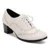 Novos sapatos de salto único femininos, cor sólida, tamanho grande, sapatos pequenos de couro, bico redondo, sola de borracha, antiderrapante, com cadarço, salto quadrado, salto alto transfronteiriço