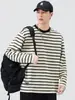 Feng She Roupa Masculina / Camiseta Masculina de Manga Longa Listrada Solta Gola Redonda Retrô Japonês Versátil Camada Base Pesada Roupa Íntima