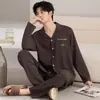 Pijamas de Algodón Puro de Venta Caliente para Hombre Primavera y Otoño Conjunto de Moda Casual Simple Holgado Talla Grande Solapa Manga Larga Ropa de Casa