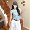 25 Camisetas de Punto de Manga Corta Azul Verano para Personas Pequeñas en Verano, Tops Cortos Cortados Dopamina, Tops Pequeños de Manga Volante