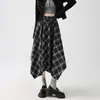Saia xadrez irregular para mulheres, estilo vintage de outono, cintura elástica, modeladora, saia midi evasê com barra larga A7498-1