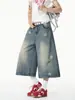 Shorts de Mezclilla Lavada con Estampado de Estrellas Transfronterizos para Hombres y Mujeres, Pantalones Cortos Desgastados de Moda de Verano, Pantalones Holgados Casuales de Longitud Media