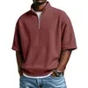 Camisa Polo Masculina de Manga Curta Casual Esportiva Cor Sólida Gola Alta Ombro Caído Zíper Verão Europeu e Americano Novo Estilo Waffle Roupas