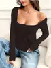 2025 Aliexpress Roupa Feminina Transfronteiriça Europeia e Americana Simples Elegante Versátil Gola Quadrada Camiseta Outono Inverno Cintura Manga Longa Suéter