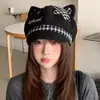Sombrero Octagonal con Orejas de Gato para Mujer Otoño Invierno Lana Cuadros Patchwork Sombrero de Pico Hace que la Cara se Vea Más Pequeña Boina Dulce Estudiante Japonesa