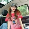 Camiseta de Algodón Puro con Tie-Dye Suave en Bloques de Color al Estilo Francés para Mujer, Estilo Graffiti de Dibujos Animados Coreanos, Top Holgado y Adelgazante, Trendy