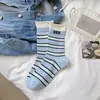 Europeo Nuevo Doble Luogou Alto Valor de Color Calcetines de Pila Fina Calcetines a Rayas para Niños Miu Primavera y Verano Algodón Calcetines de Media Caña