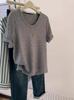 Camiseta Gris Cuello U Hombro Manga Corta Mujer Verano 2024 Nueva Llegada Pequeña Manga Corta Suelta Camiseta Color Sólido Top