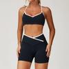Conjunto Esportivo Zechuang Cintura Alta Cruzada Feminino Contraste de Cor Justo Nu Conjunto de Yoga para Corrida Fitness Yoga 9253